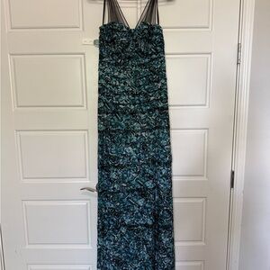 BCBGMaxAzria Teal and Black Ruffled Bodice Maxi Dress